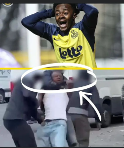 Split-screen meme: top shows a soccer player in a yellow training vest reacting with hands on head; bottom shows a street scuffle with a man being restrained, circled to highlight the moment of contact.