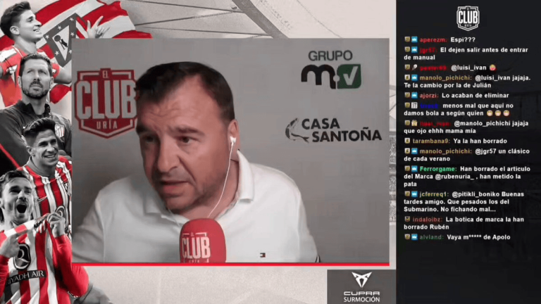 Live streaming screenshot of a man with a headset speaking into a red Club microphone, with a collage of soccer players on the left and a chat feed on the right.