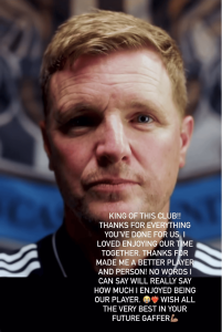 Close-up portrait of a man with blond hair; white text overlay conveys a heartfelt farewell message thanking the club and supporters.