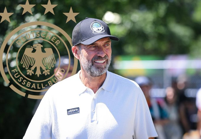 Smiling man in a white polo shirt and cap at an outdoor event, with a translucent German Football Association emblem overlaid in the foreground.