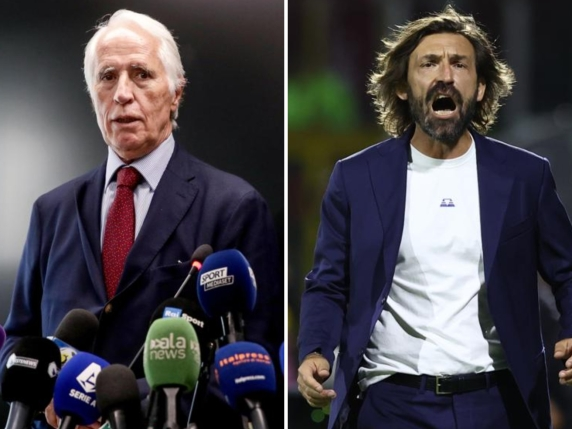 Split image of two men in suits: left, an older man at a press conference speaking into multiple microphones; right, a bearded man with long hair in a purple suit shouting on stage.
