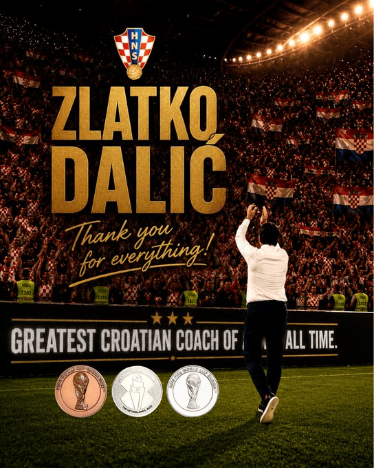 Celebration scene with Zlatko Dalic applauding on a soccer field, large gold text reads 'Zlatko Dalic' and 'Thank you for everything!', with medals on the grass and a banner 'Greatest Croatian coach of all time' in the background.