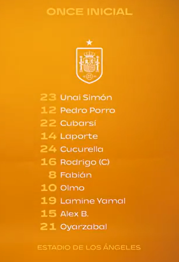 Starting XI lineup graphic on an orange background with a team crest and a bottom caption reading 'ESTADIO DE LOS ÁNGELES' - lists players by number and name (e.g., Unai Simón, Porro, Laporte).