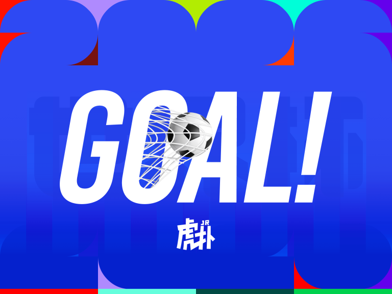 Bold blue poster with oversized white text (likely 'GOAL') across the center; a soccer ball is tangled in a white goal net, framed by rounded color shapes at the edges.