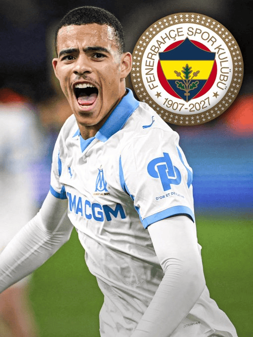 Soccer player in a white Olympique de Marseille kit celebrating on the pitch, with a round Fenerbahçe badge in the top-right corner.