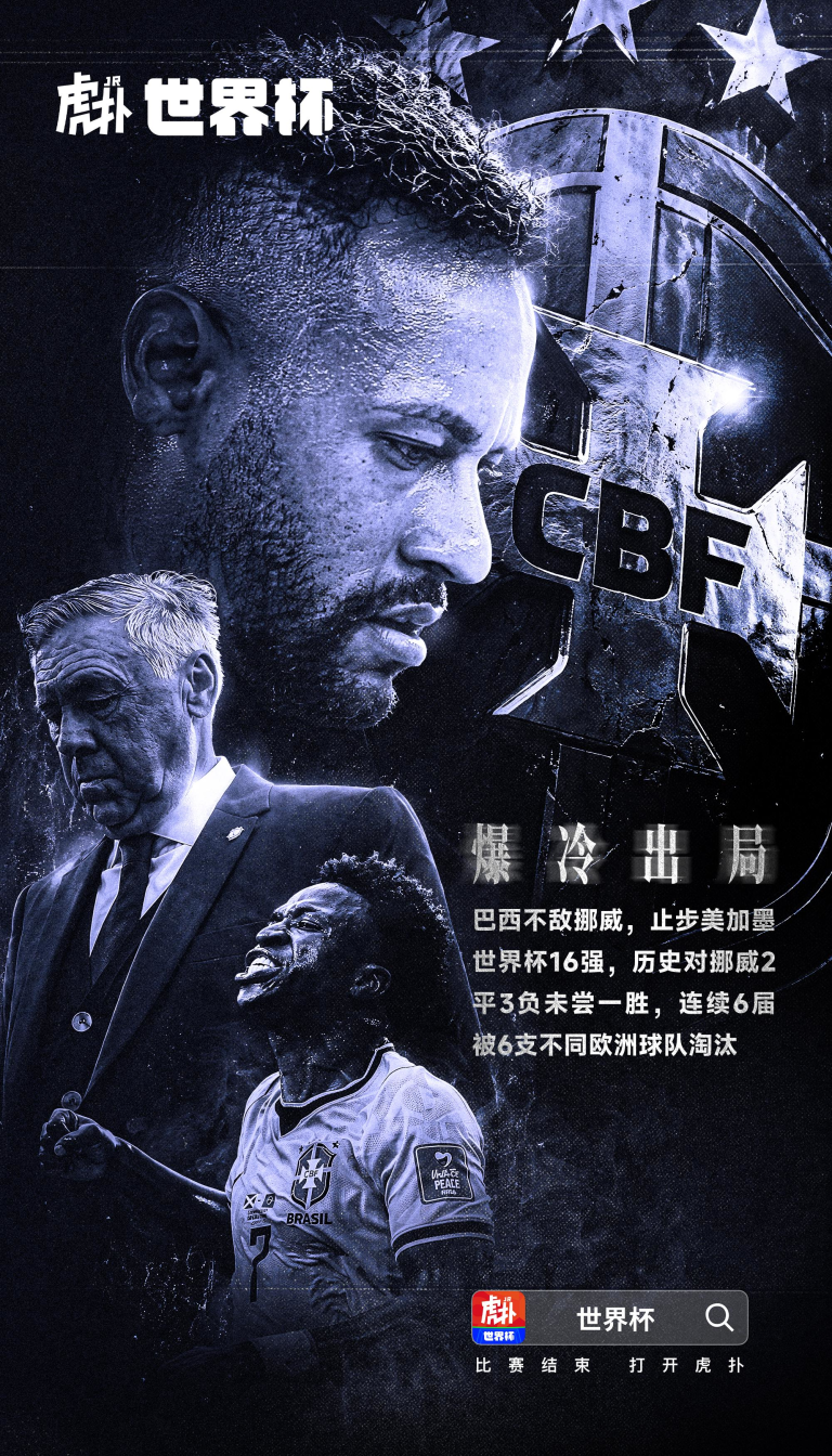 Collage-style poster with a large profile of a Brazilian player, a smaller suit-wearing figure, and a prominent CBF emblem; Chinese text about the World Cup is visible in the design.